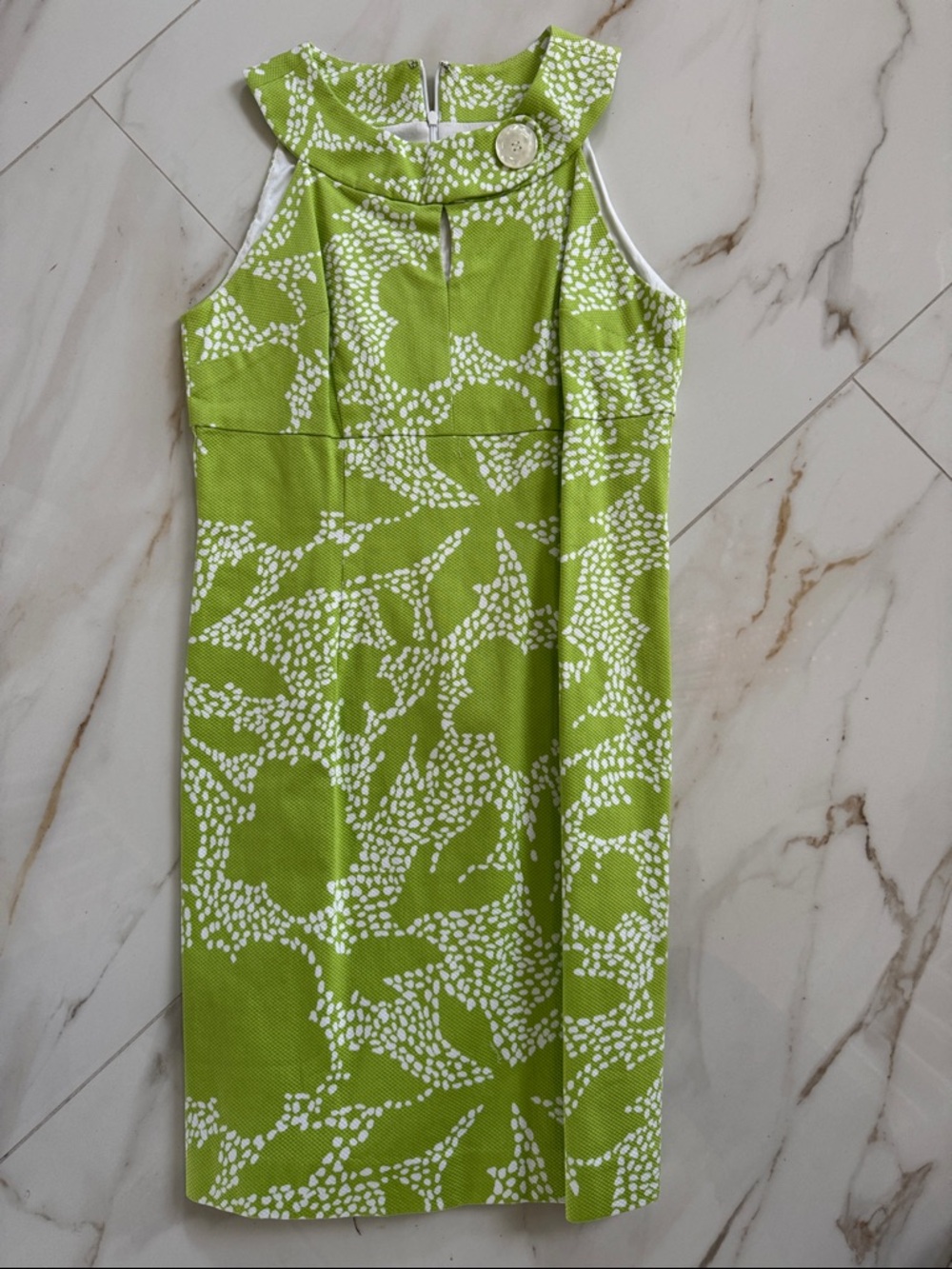 Green Floral At Knee lined Dress with Decorative Collar 6